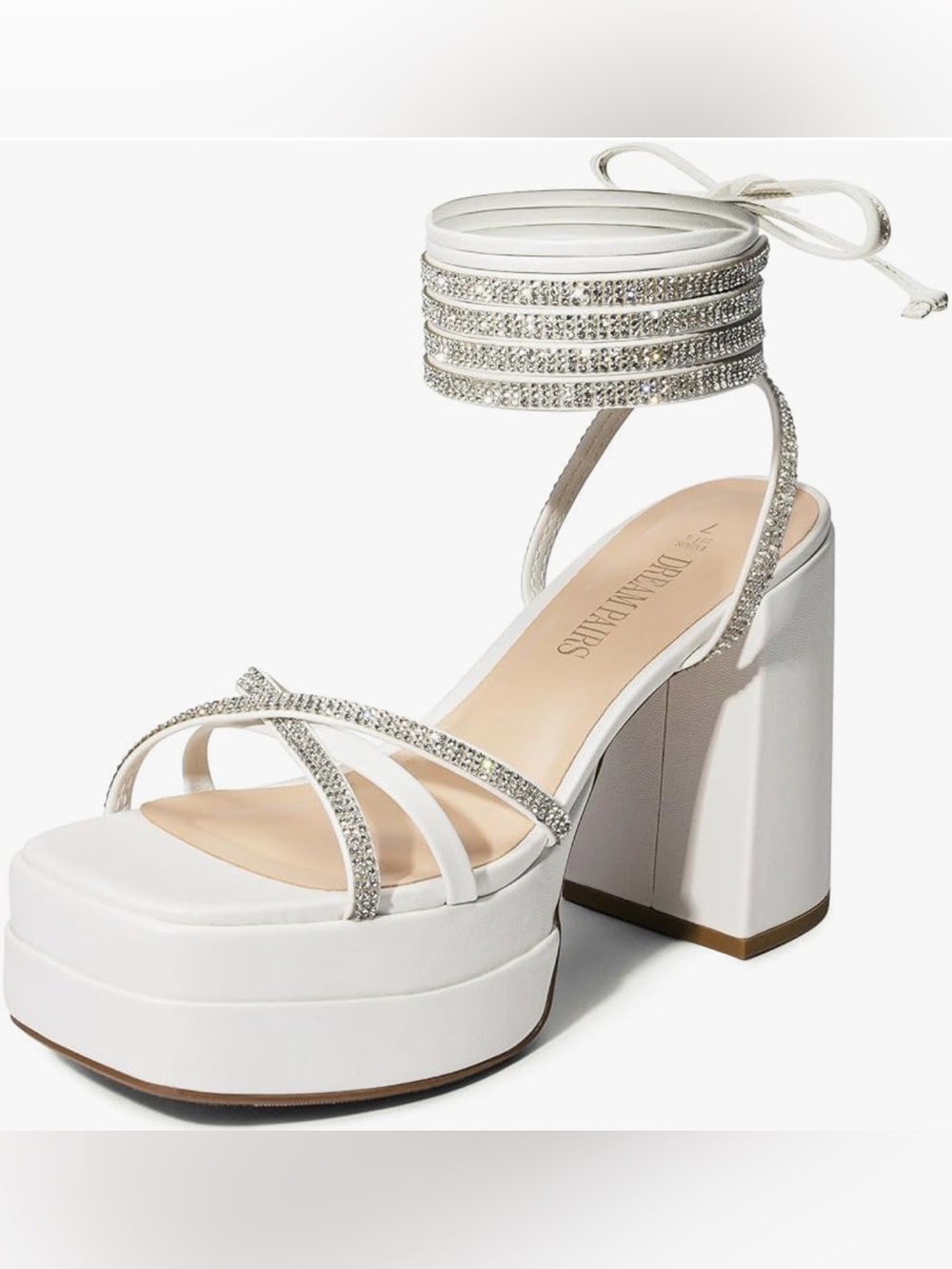 Dream Pairs White Crystal Ankle-Wrap Platform Sandal